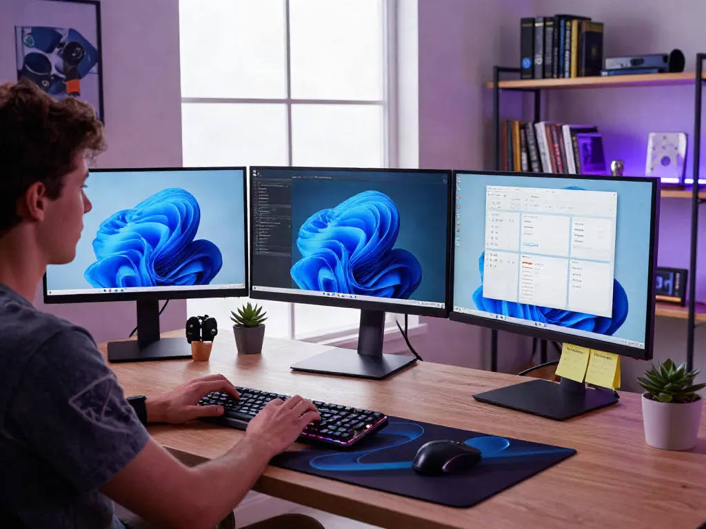Moderne Arbeitsplatzszene mit Windows 11 Pro, wo ein Benutzer produktiv arbeitet und verschiedene Funktionen nutzt.