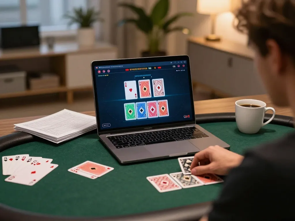 Player immersed in online poker game with rr88 platform, demonstrating strategy and comfort at home