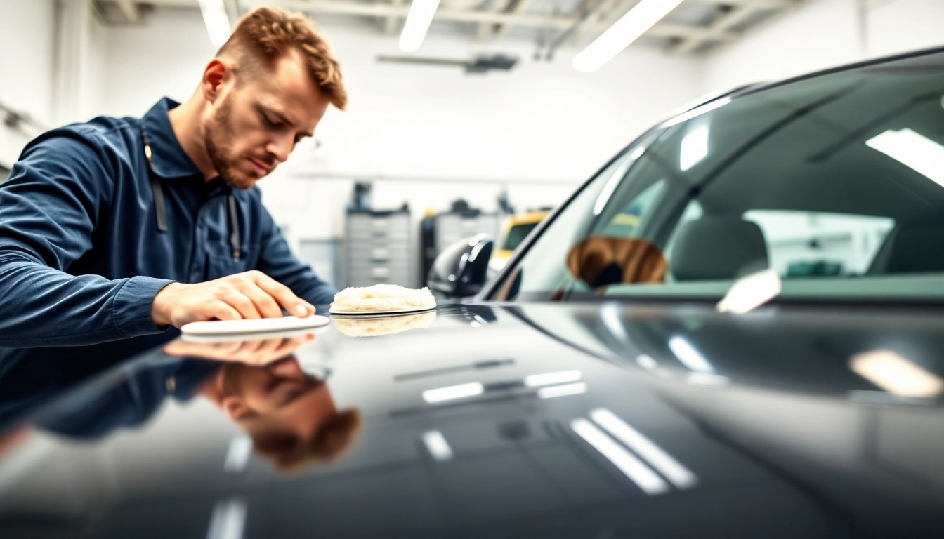 Efficient Leasingaufbereitung München with a technician detailing a vehicle in a bright workshop.