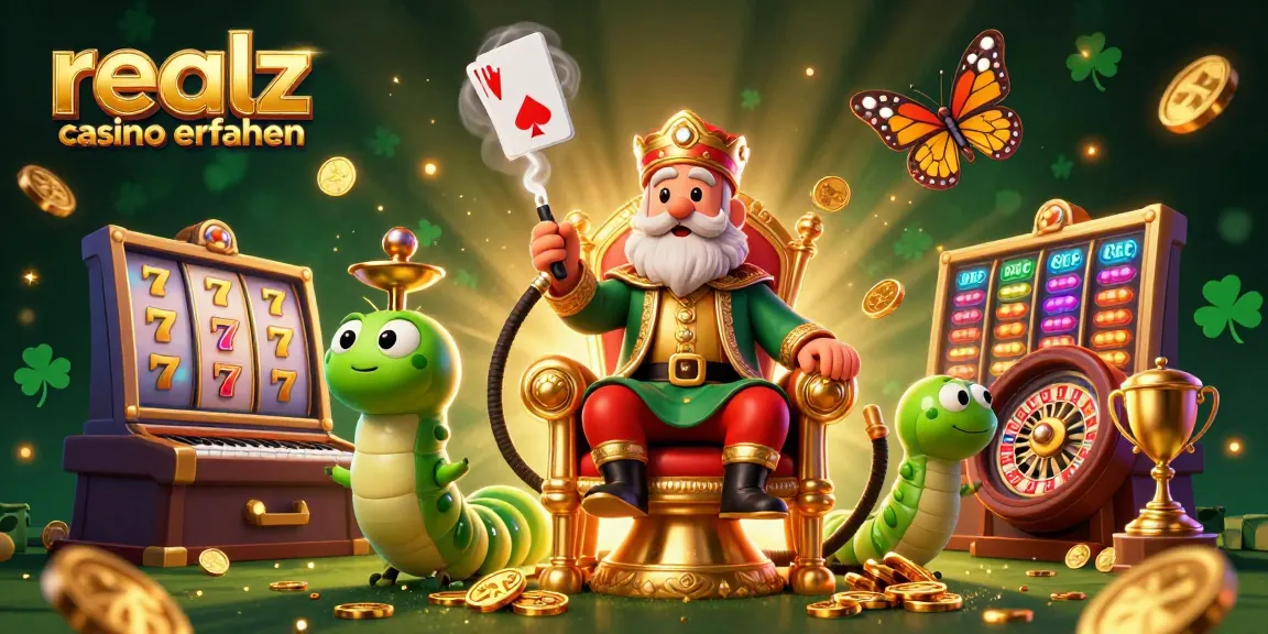 Realz Casino Erfahrungen erkunden: 3D-Illustration mit Glücksspiel-Elementen und einem bunten Raupen-Charakter.