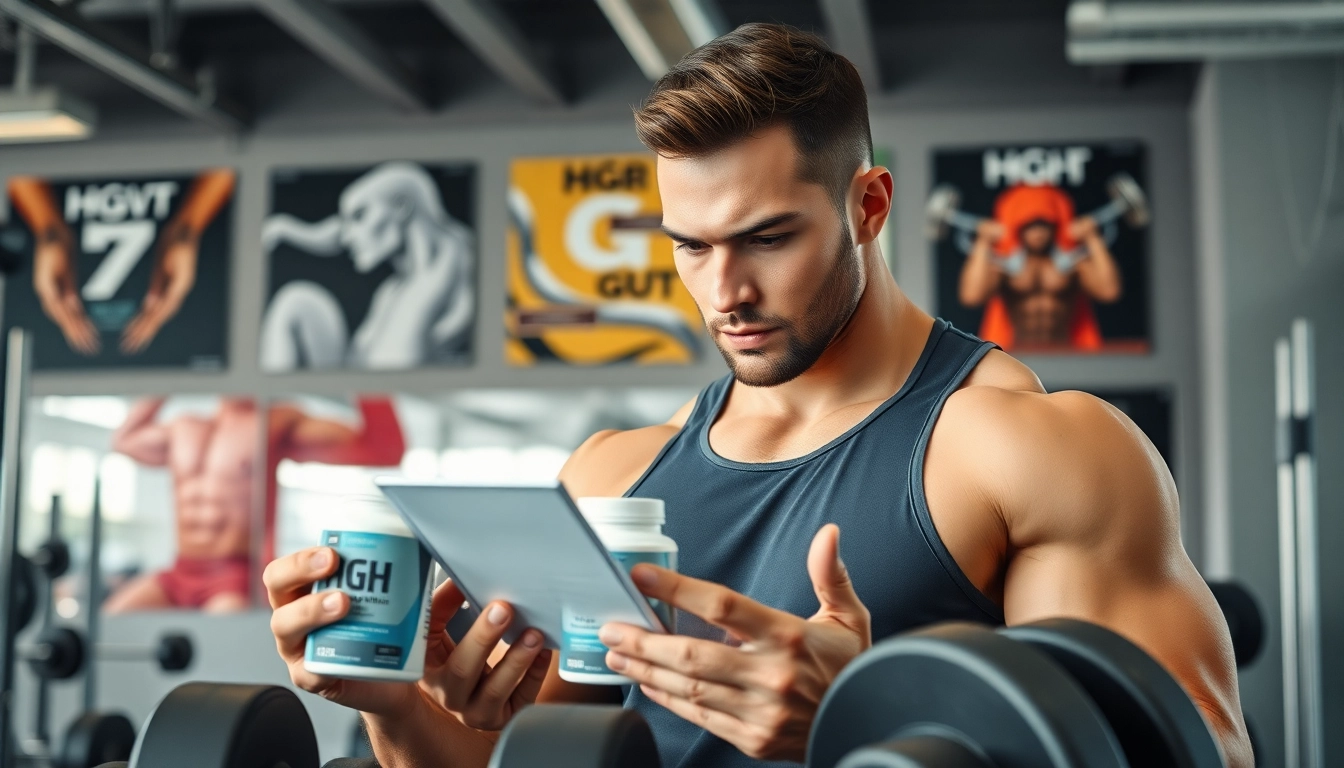 HGH kaufen: Fitness-Enthusiast in einem modernen Fitnessstudio bei der Auswahl von Hormonen.