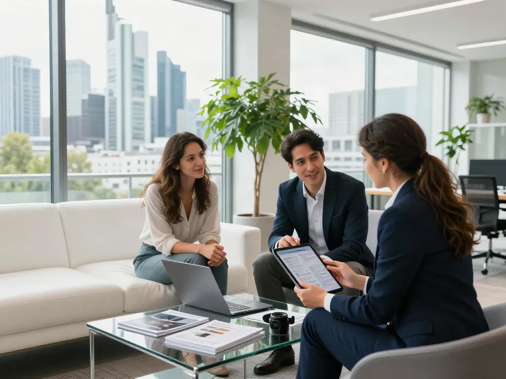 Der beste Immobilienmakler Frankfurt berät ein Paar bei der Immobilienbesprechung in einem modernen Büro.