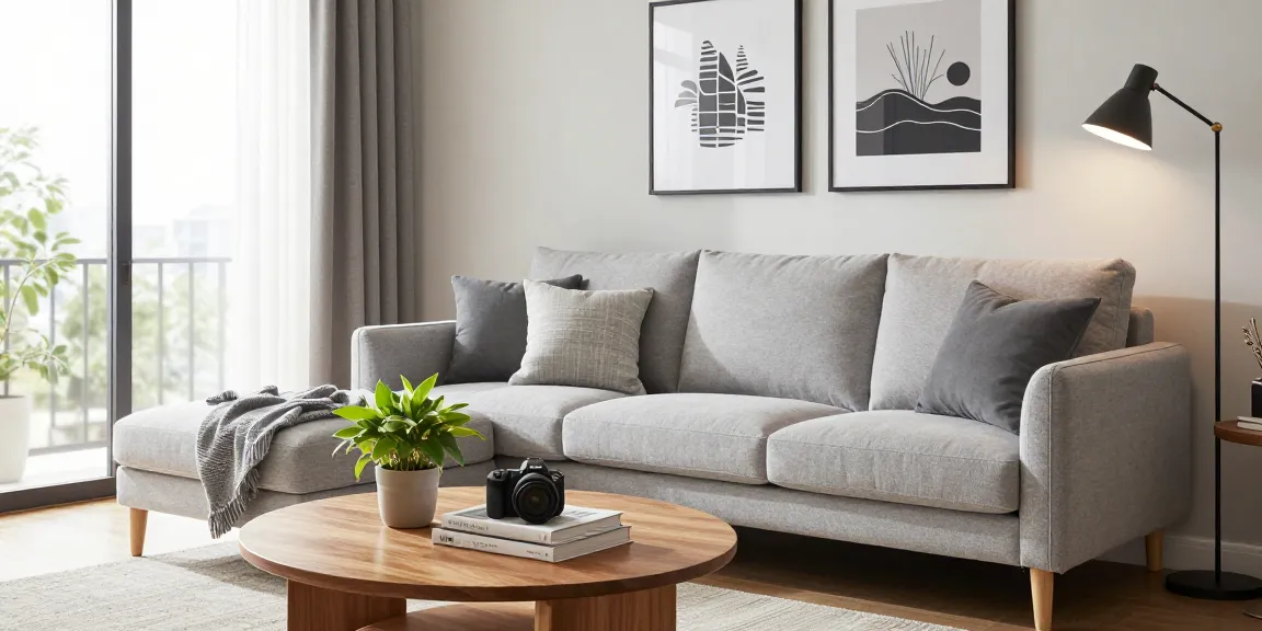 Entdecken Sie möbel günstig kaufen mit einem stilvollen Wohnzimmer, das mit einem gemütlichen grauen Sofa und modernem Dekor ausgestattet ist.