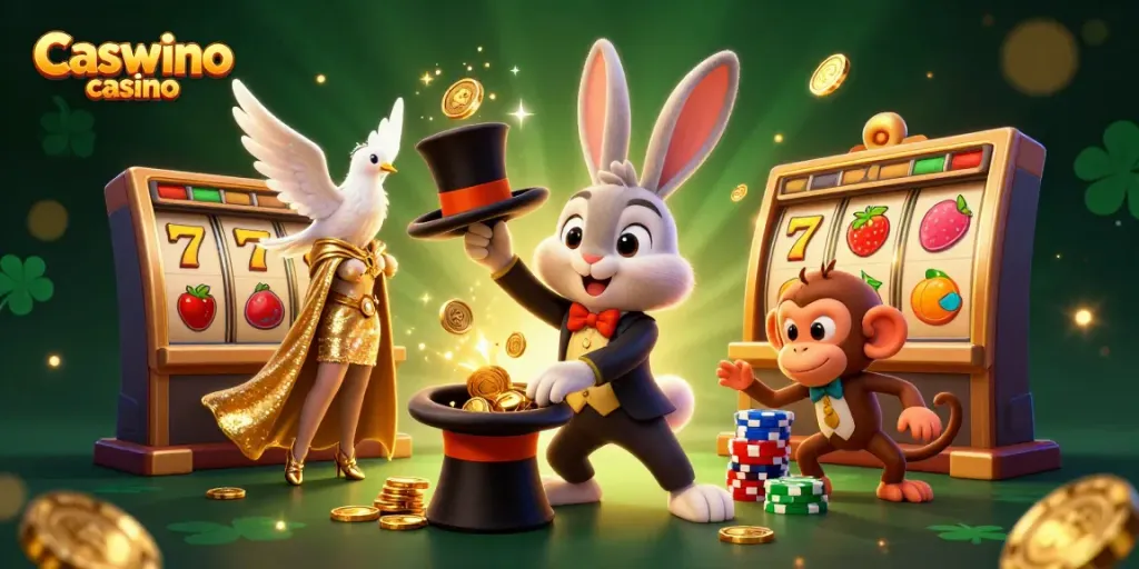 Experience the magic at Caswino casino with the magician rabbit and sparkling elements of luck and fortune.