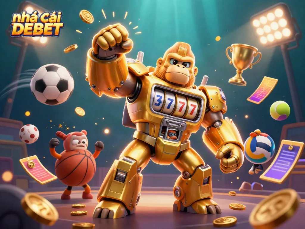 Engage with nhà cái DEBET's thrilling 3D illustration featuring a golden gorilla mech celebrating gaming excitement.
