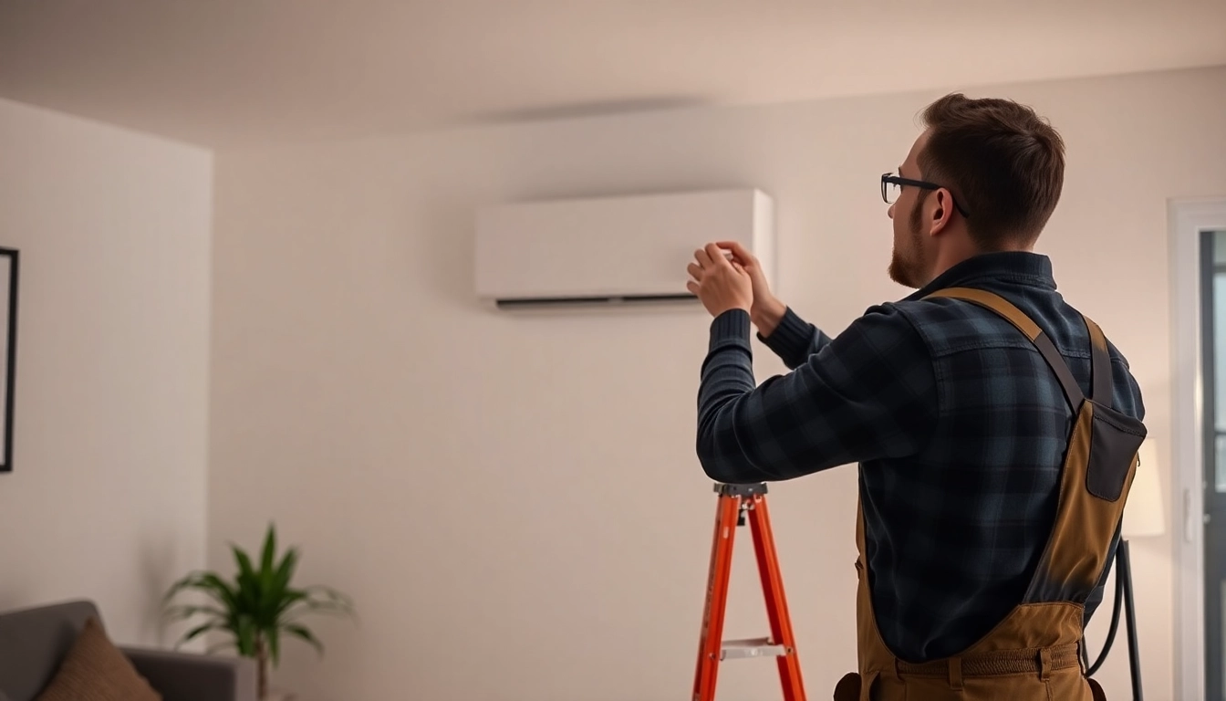 Klimaanlagen installieren lassen: Fachkraft bei der Installation einer modernen Klimaanlage in einem stilvollen Raum.