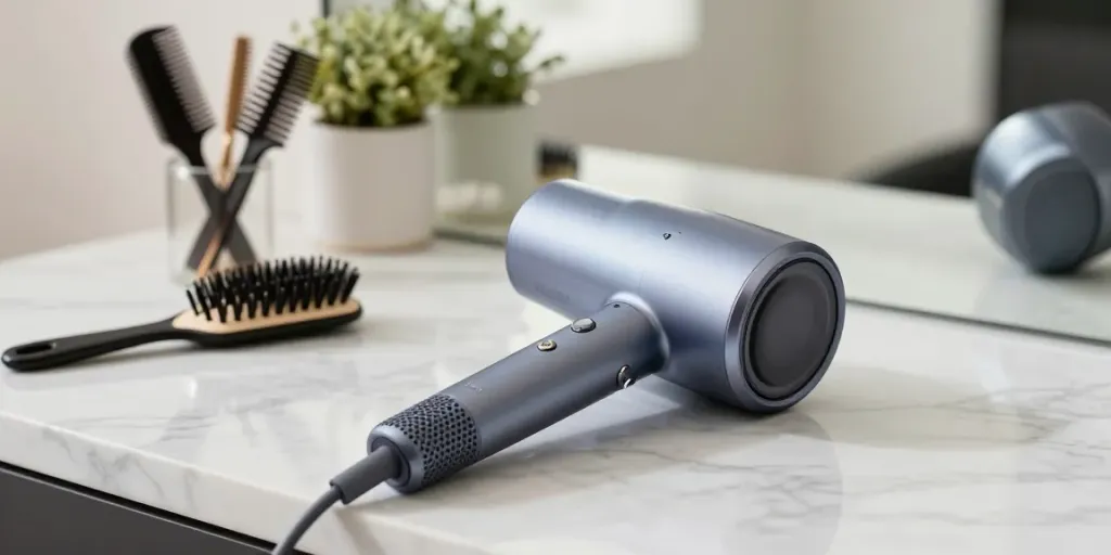 Close-up of Laifen Mini haartrockner on a countertop with hair styling tools.