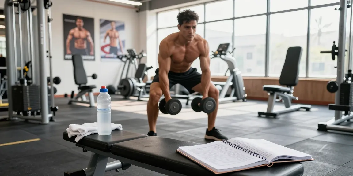 Anabolika Shop: Bodybuilder im Fitnessstudio, der intensiv mit Hanteln trainiert, um Muskelmasse aufzubauen.