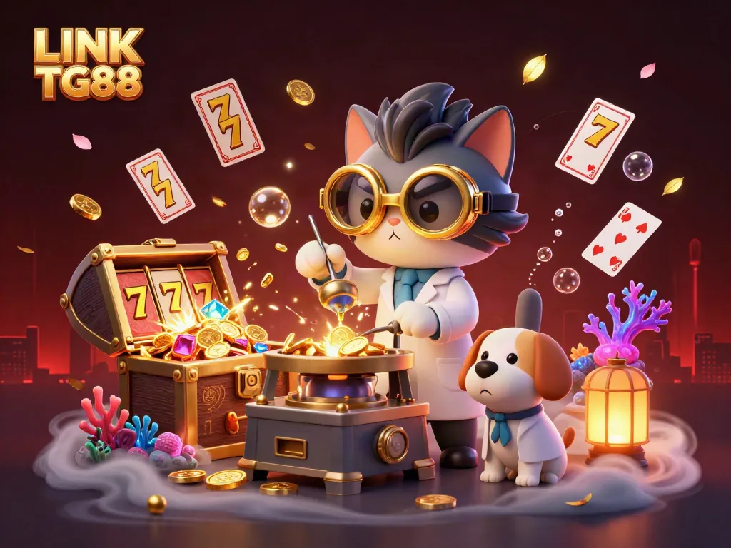 Experience the excitement of LINK TG88 with a vibrant illustration featuring a mad scientist cat and dynamic casino elements.