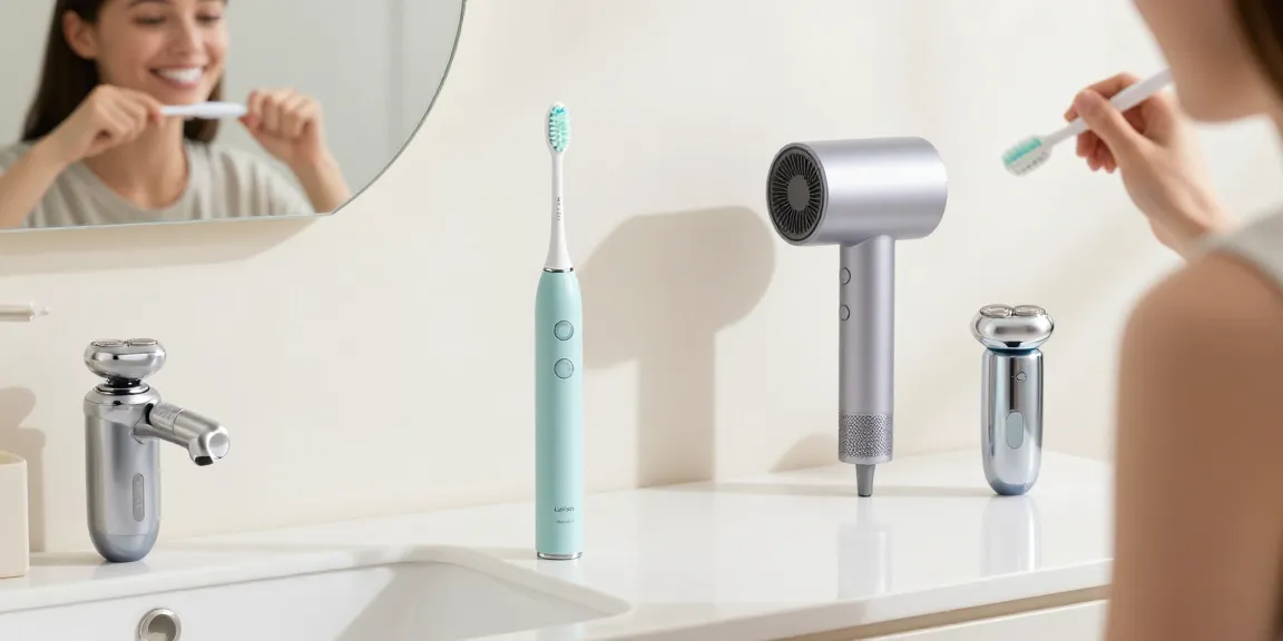 Laifen de elektrische Zahnbürste und Haartrockner in modernem Badezimmer