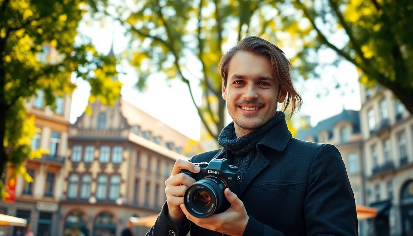 Professioneller Fotograf für Tinder München bereitet Fotoshooting in der Stadt vor