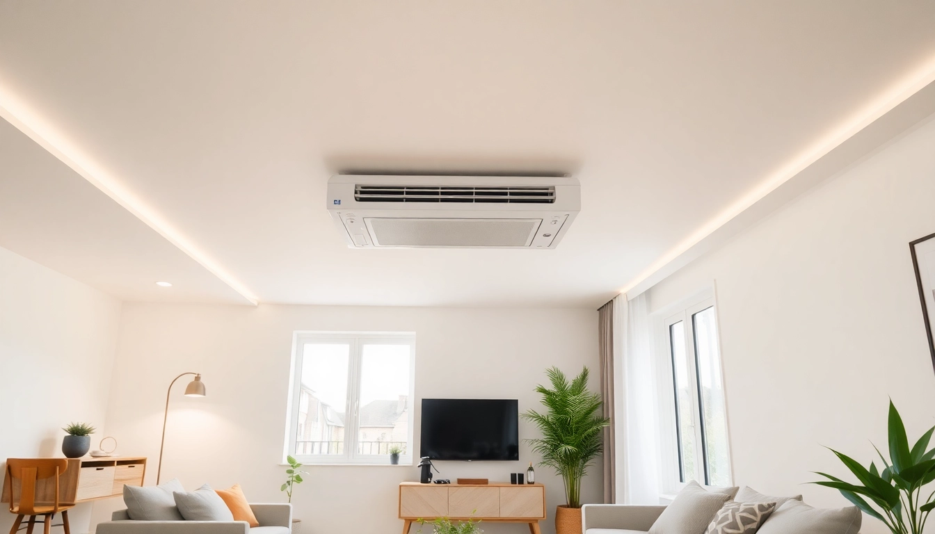 Klima installieren: Eine professionelle Installation einer Klimaanlage in einem stilvollen Wohnzimmer mit modernen Elementen.