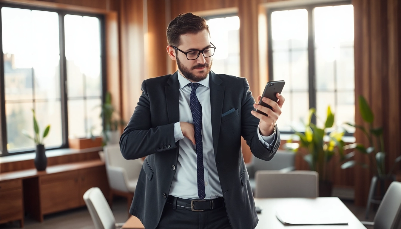 CEO, konzentriert auf ein Smartphone, repräsentiert Headhunter CEO in modernem Büro.