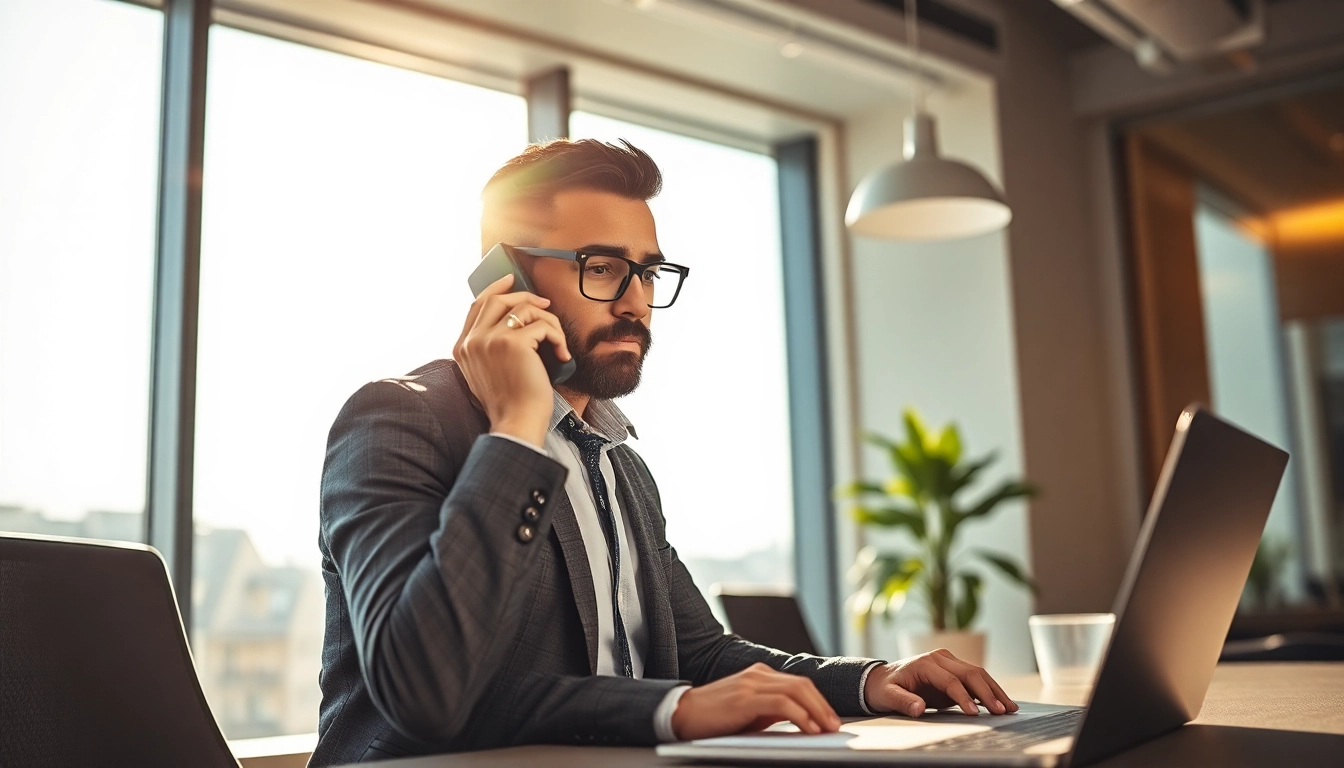 Headhunter im modernen Büro am Telefon, konzentriert und professionell.