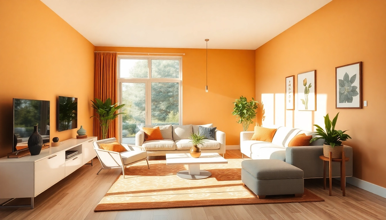 Gemütliche Raumgestaltung mit warmem Licht und lebendigen Möbelakzenten.