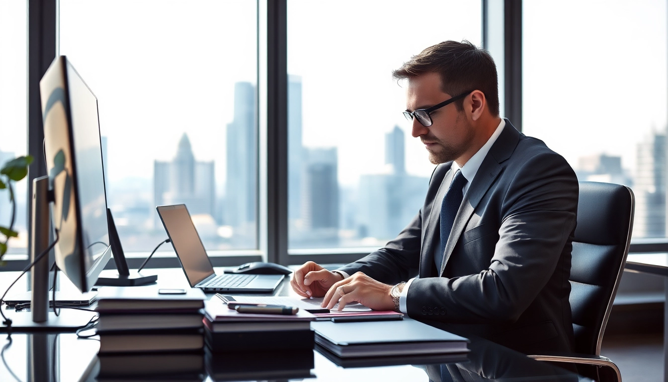 Headhunter Frankfurt konzentriert an einem modernen Schreibtisch, umgeben von Akten und Geräten, mit der Frankfurter Skyline im Hintergrund.