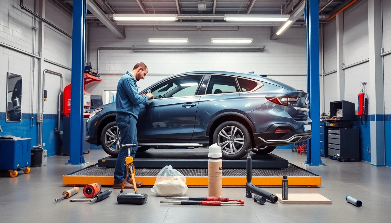 Professionelle Hagelschaden Reparatur München mit einem Techniker, der ein Auto in der Werkstatt bearbeitet.