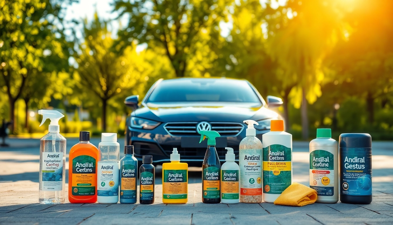 Autopolitur kaufen: Glänzendes Auto auf einem Parkplatz mit Pflegeprodukten umgeben.