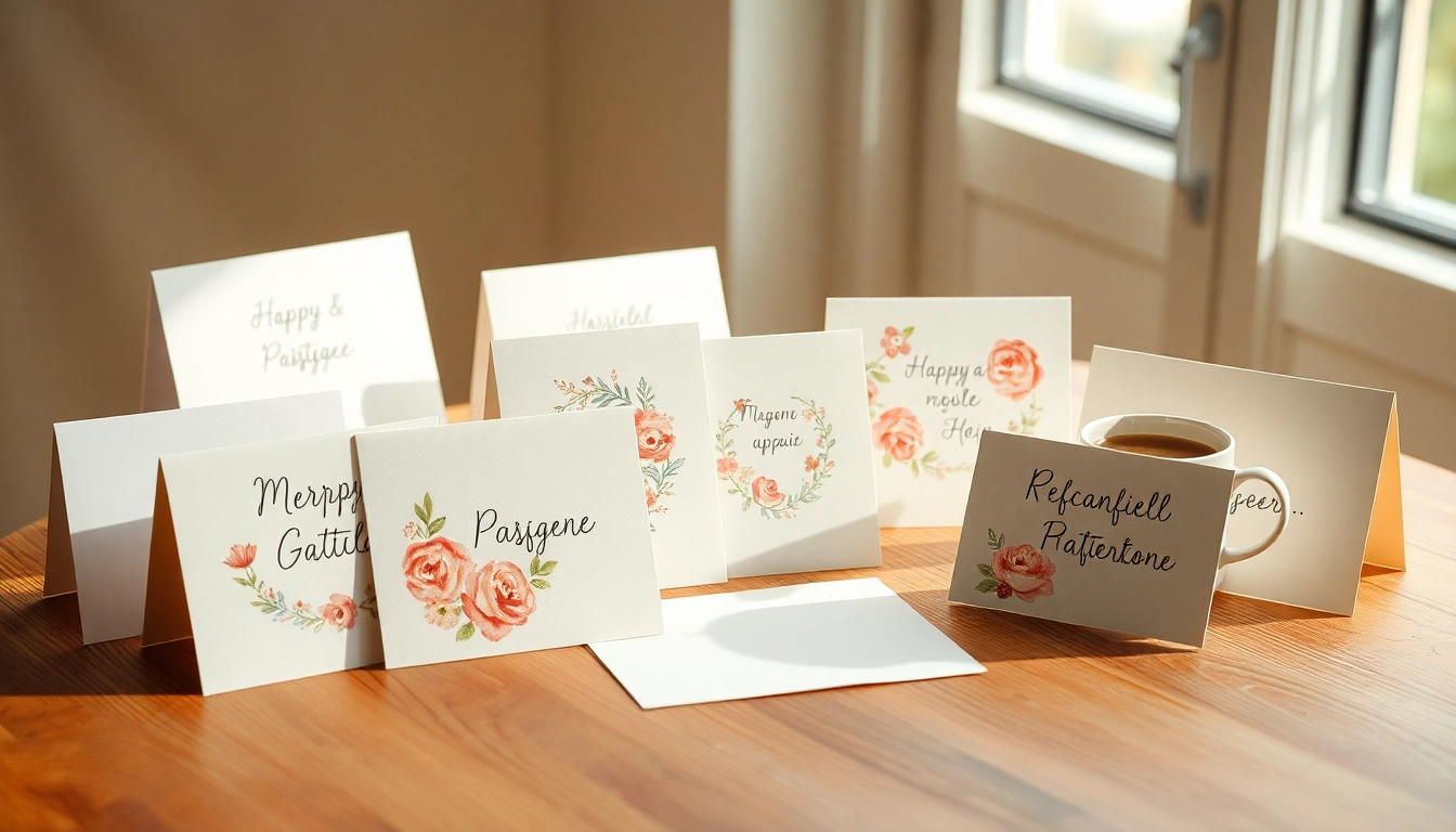 Gestalte einzigartige Premium Grusskarten Design auf eleganten Karten am Schreibtisch.