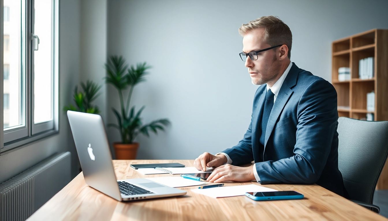 Professioneller Headhunter IT am Schreibtisch mit Laptop und Notizen, der konzentriert arbeitet.