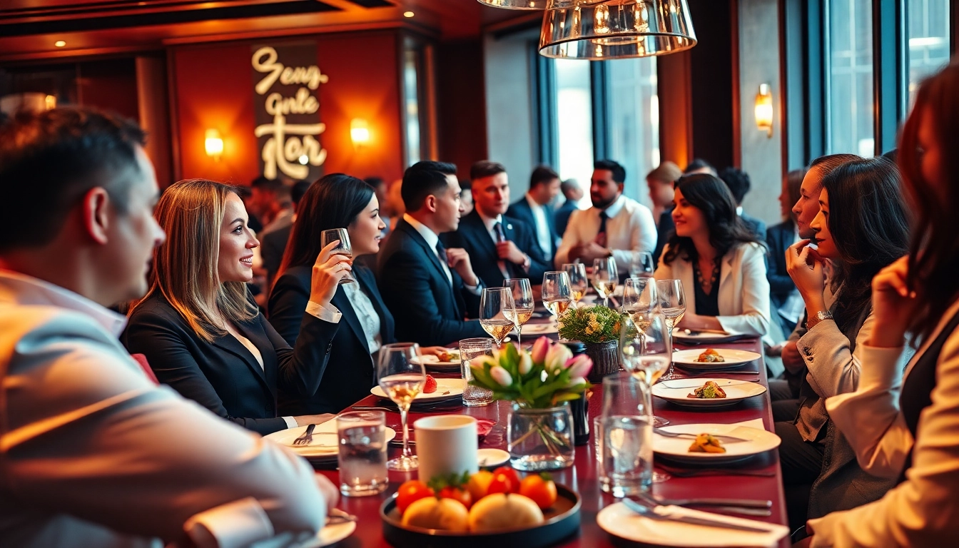 Networking event showcasing Headhunter Gastronomie professionals discussing opportunities over gourmet cuisine.