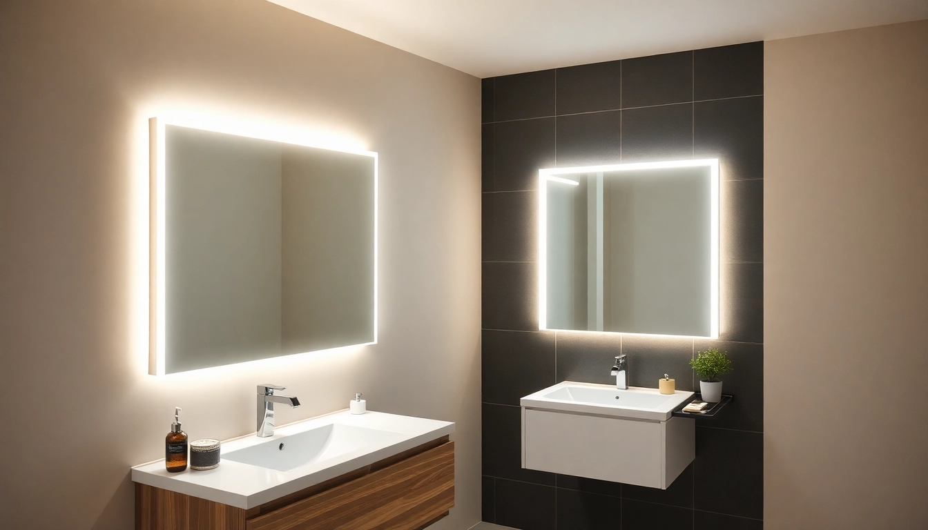 Beleuchteter spiegelschrank led im modernen Badezimmer mit eleganten Details.