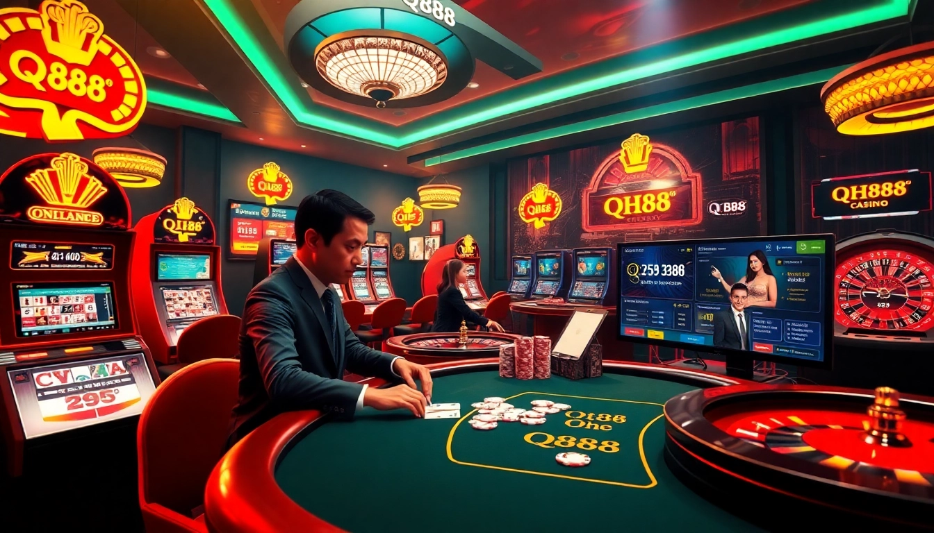 Experience thrilling online betting with QH88's engaging casino environment, highlighting roulette and poker.