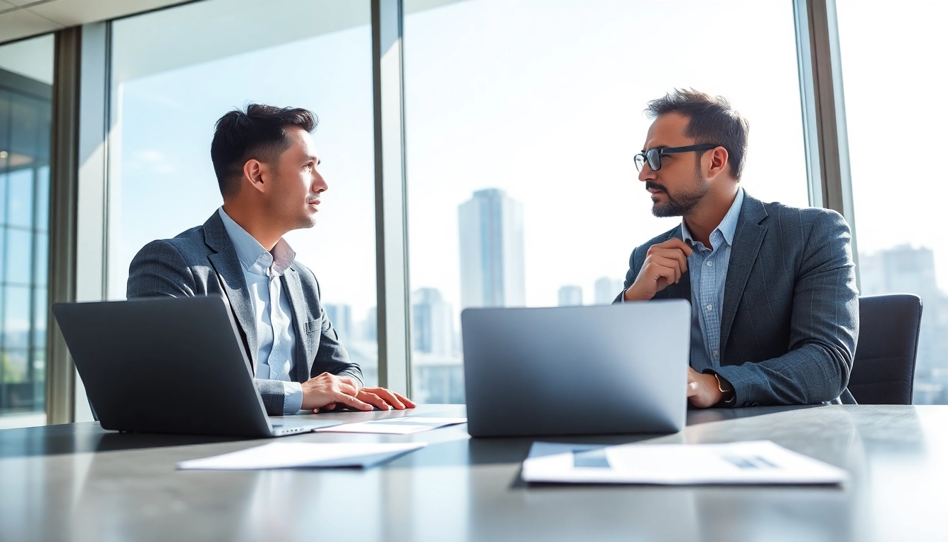 Personalberater berät einen Kunden in einem modernen Büro mit städtischem Hintergrund.