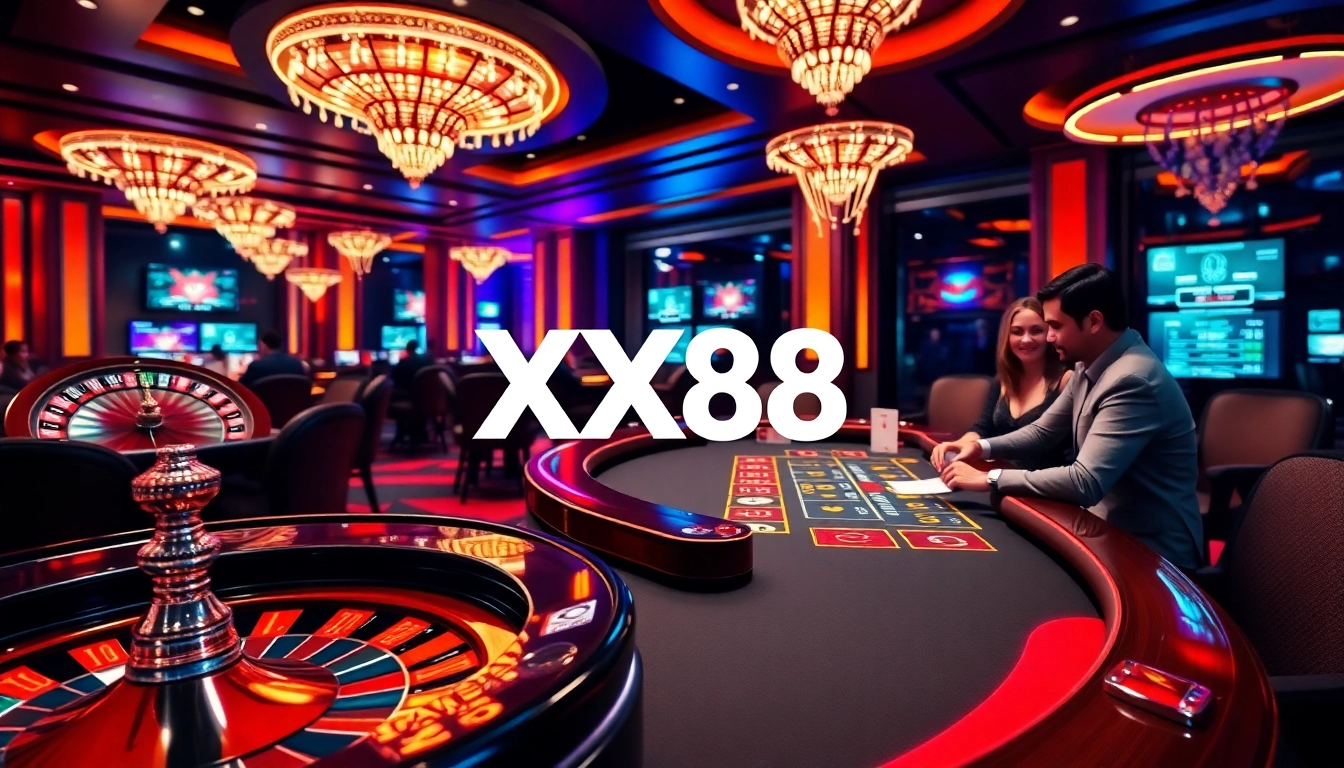 Gamblers enjoying a thrilling game at XX88 casino with poker chips and roulette.