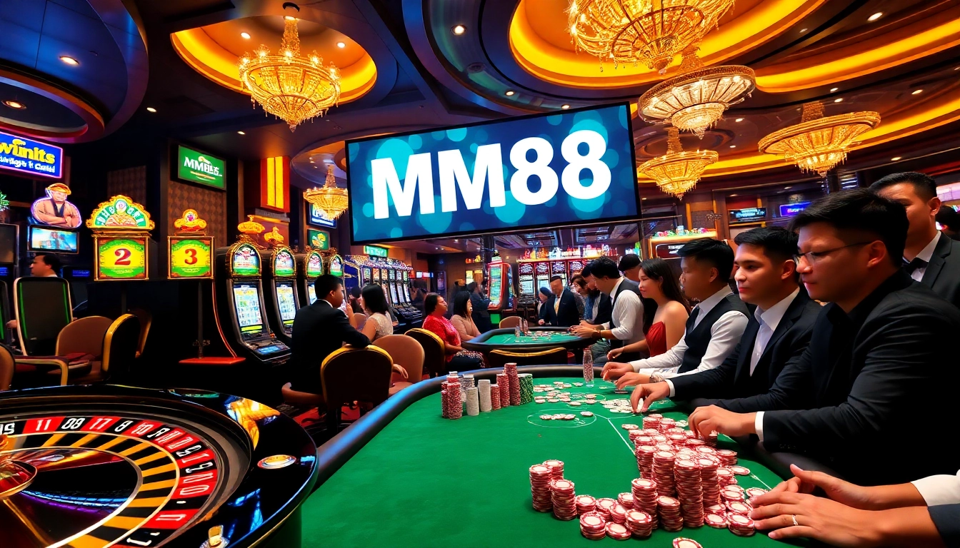 MM88 logo on vibrant casino floor filled with roulette wheels and engaged players.