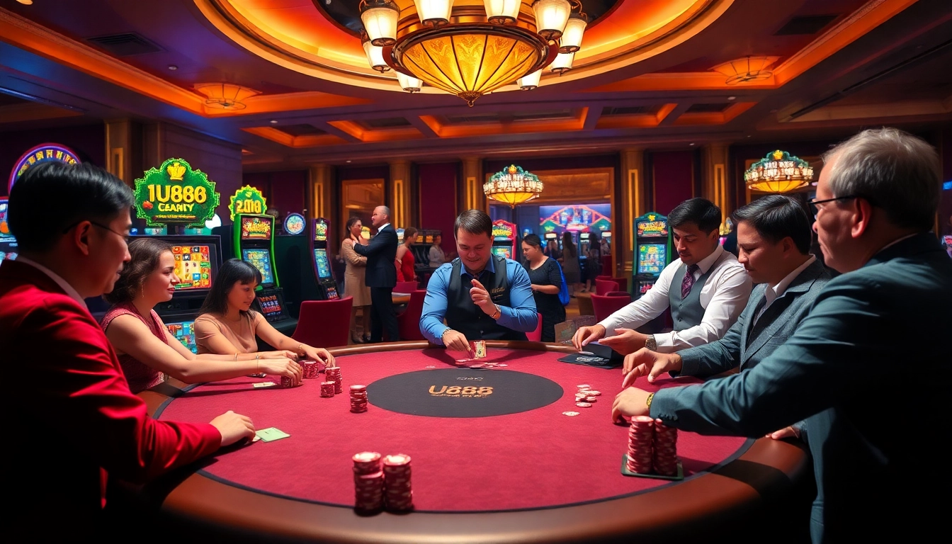 U888 gaming experience at a luxurious casino table with excited players and vibrant decor.