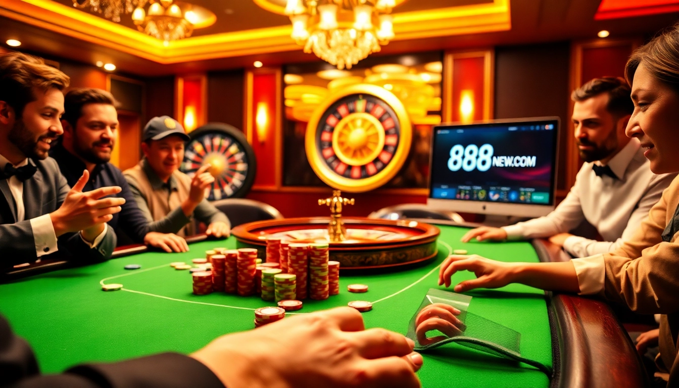 A thrilling poker game scene highlighting the excitement at 888new com with vibrant chips and a spinning roulette wheel.