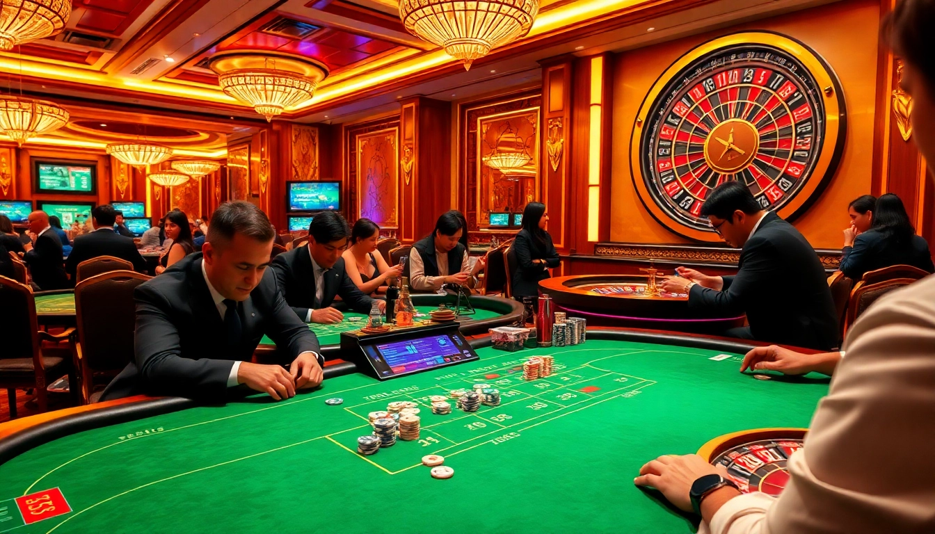 Experience the thrilling action of gambling at Jun 88, with players betting at vibrant casino tables.