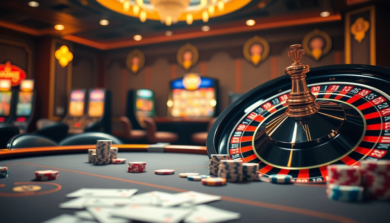 Players enjoying high-stakes games at 8KBET's luxurious casino tables, surrounded by vibrant slot machines.