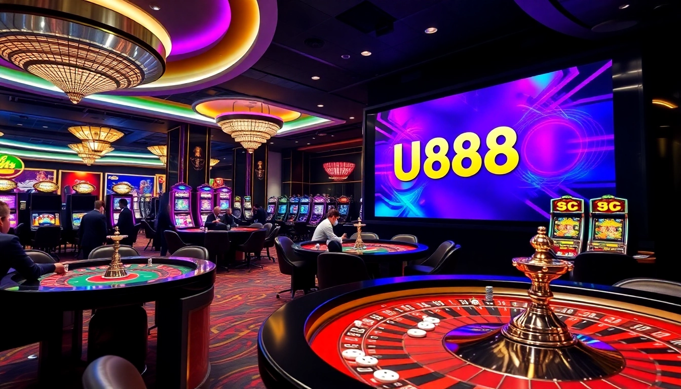 Engaging U888 casino scene showcasing players enjoying exciting games like poker and roulette.