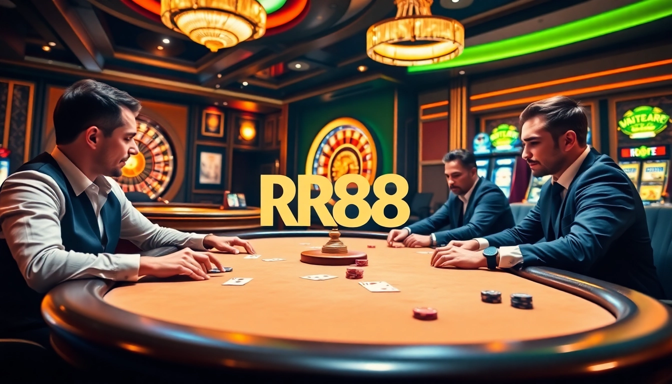 Experience a high-stakes poker game at RR88 with exciting casino elements and vibrant atmosphere.