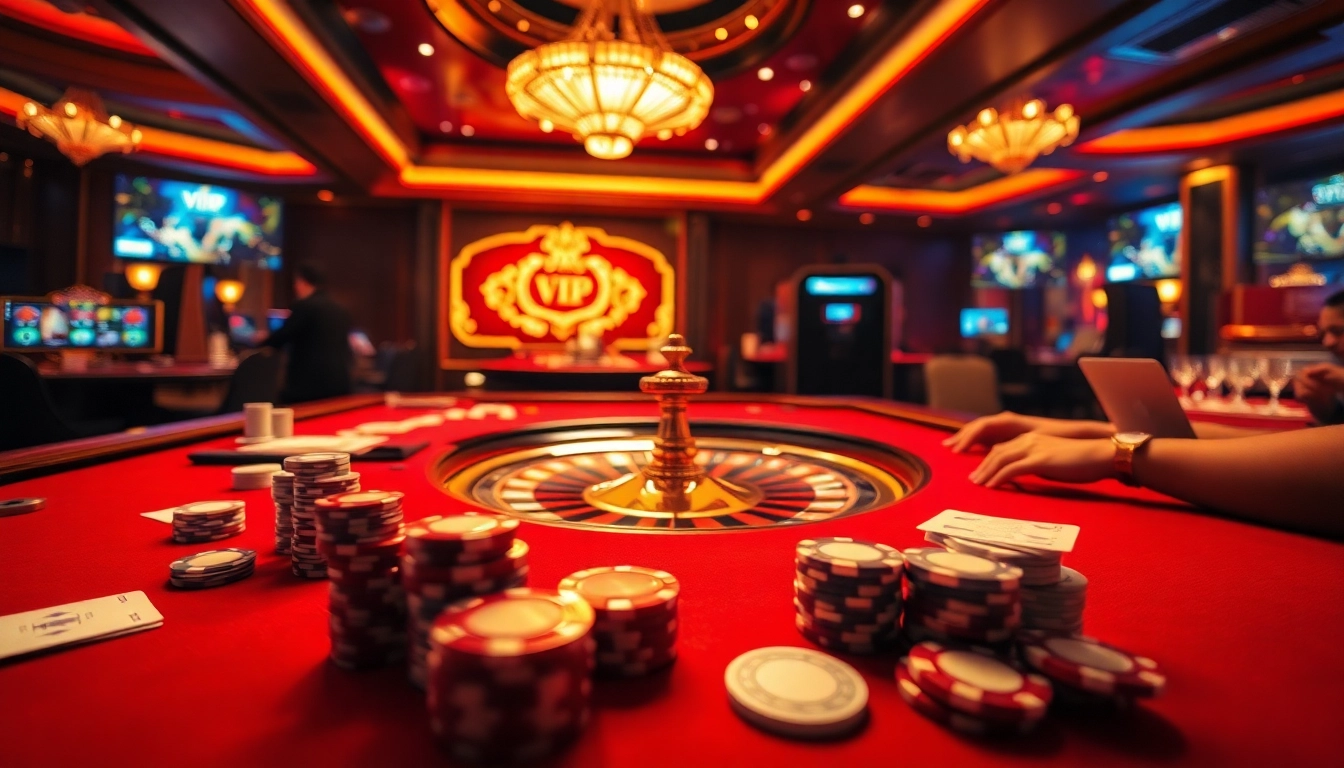 OK VIP casino scene showcasing poker chips, roulette wheel, and players engaged in exciting gambling.