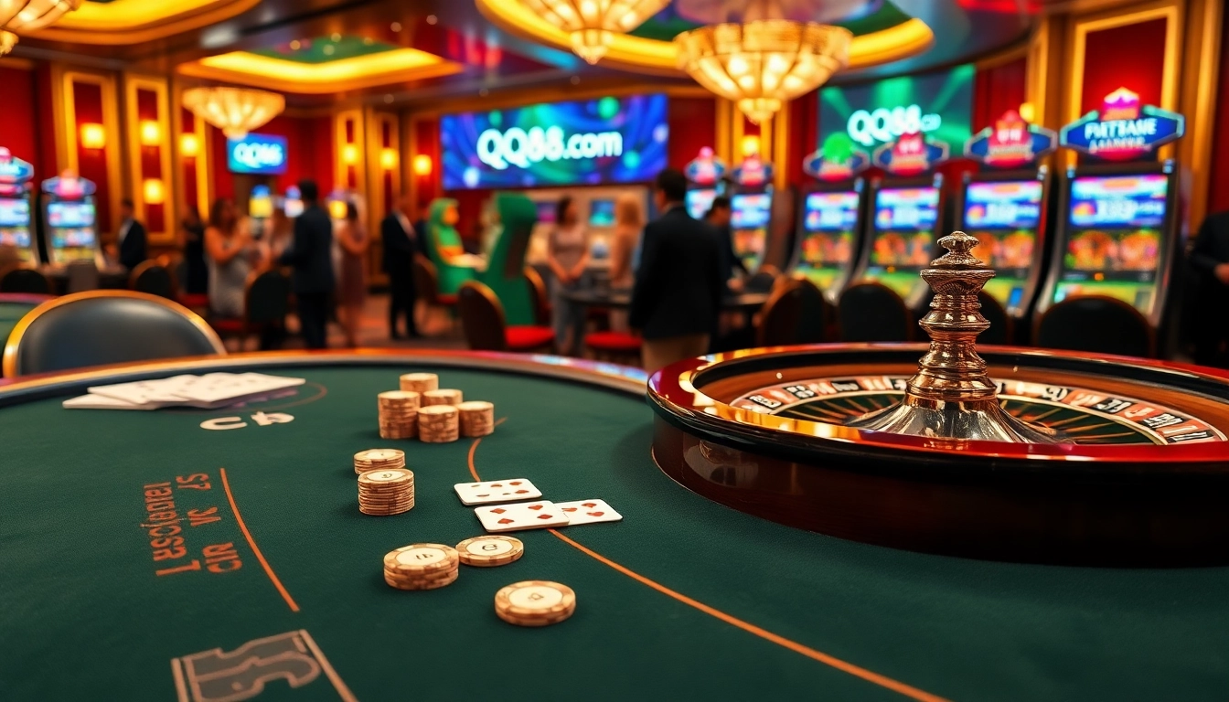 Experience the thrill at qq88 com with a luxurious casino scene featuring blackjack and roulette.