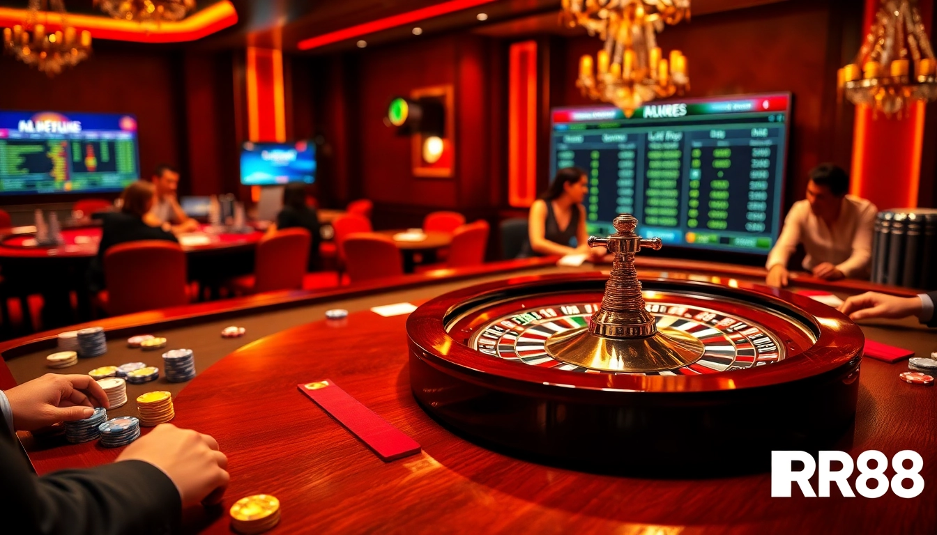 Experience the thrill of gambling at RR88 with a vibrant casino atmosphere featuring roulette and poker.