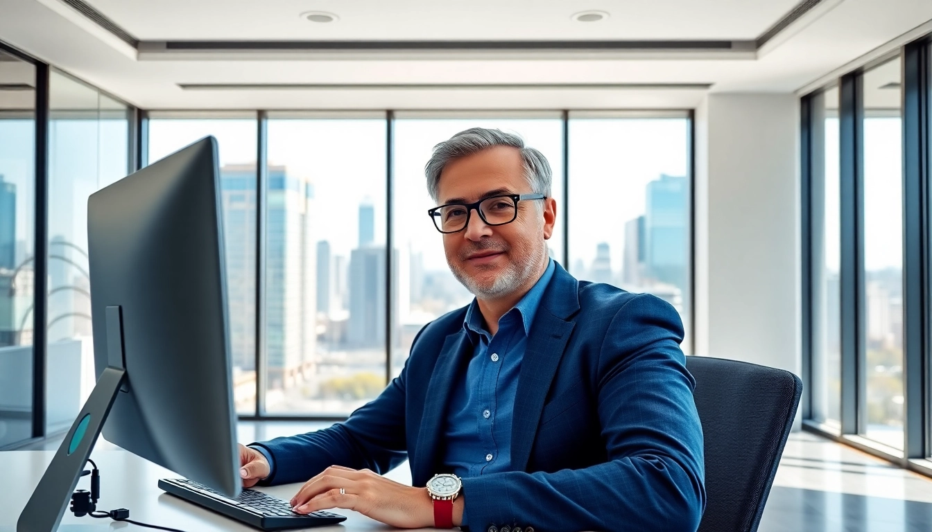 Headhunter IT in a modern office conducting a video call in a vibrant setting.