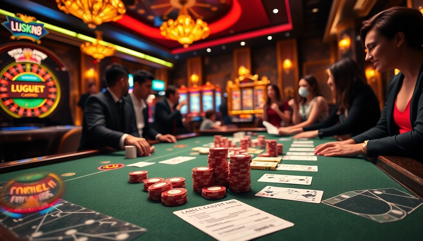 Players enjoying high-stakes poker at Nhà cái Luck8, featuring vibrant casino decor and intense gaming atmosphere.