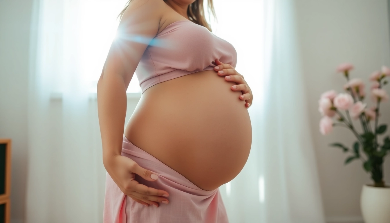Schwangerschaftsfotografie einer werdenden Mutter in einem hellen, pastellfarbenen Umfeld.