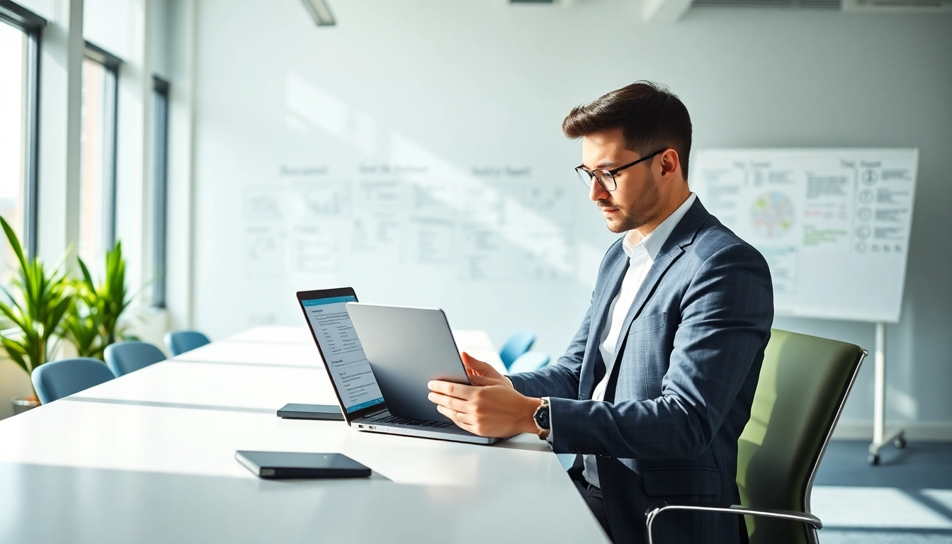 Headhunter IT reviewing resumes in a professional office environment.