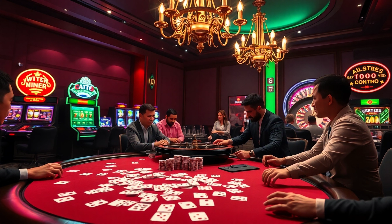 TT88 players excitement at a poker table in a luxurious casino setting with chips and cards.
