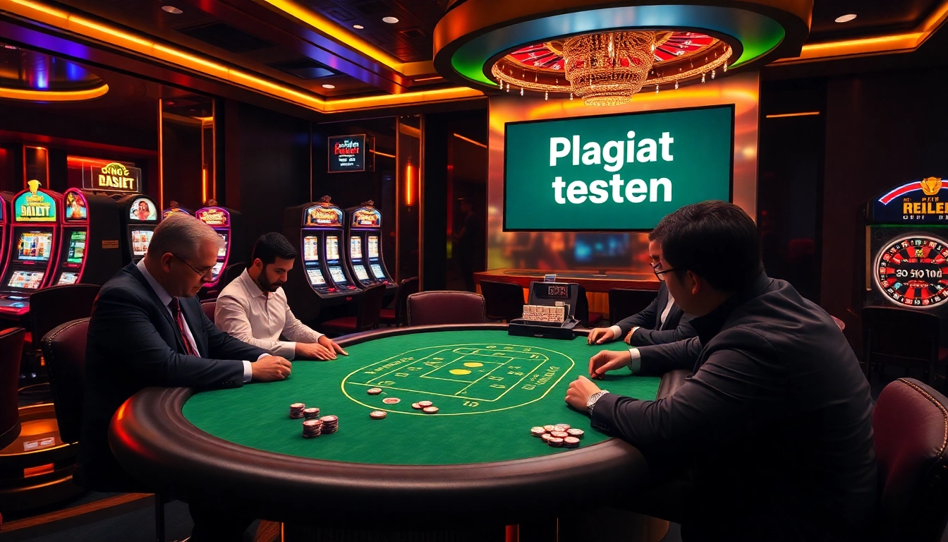 Players engaged in a thrilling poker game at a luxurious casino while learning how to Plagiat testen.