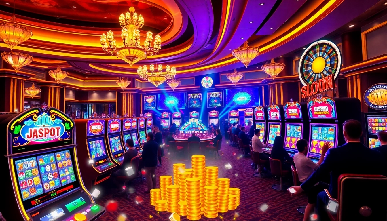 Exciting Slot777 gaming scene capturing vibrant slot machines and casino atmosphere.