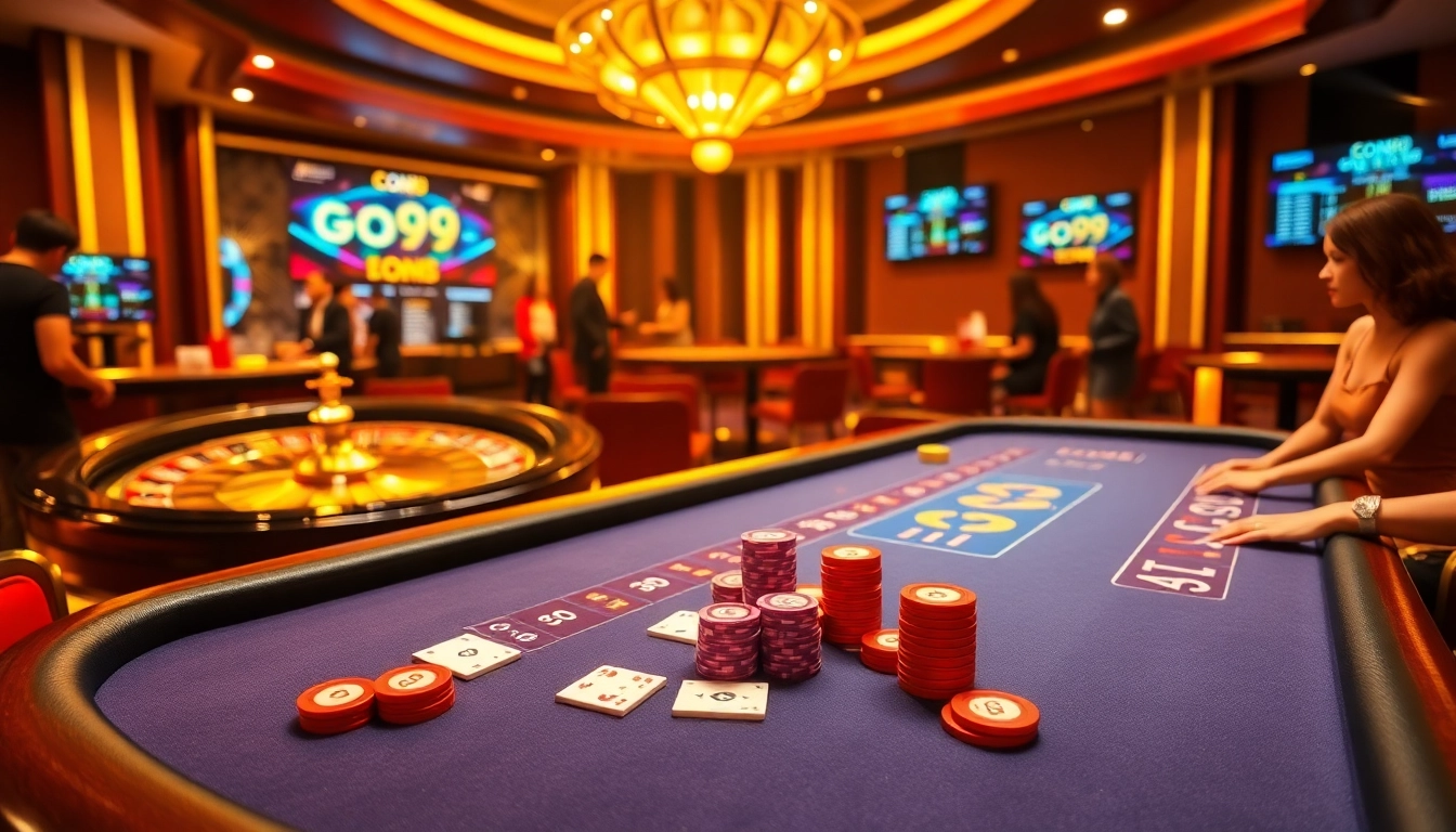 Experience the excitement of Go99 with vibrant casino visuals featuring poker tables and roulette wheels.