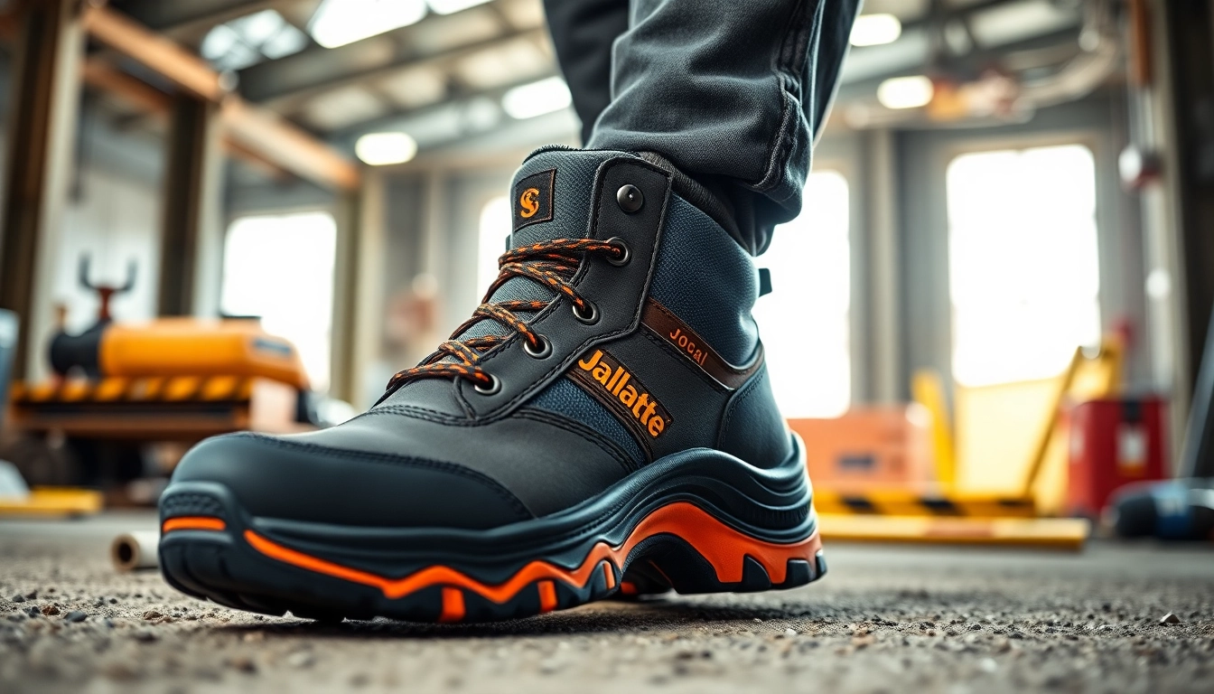 Präsentation von Jallatte Sicherheitsschuhen mit Stahlkappe und rutschfester Sohle in einem professionellen Bauumfeld.