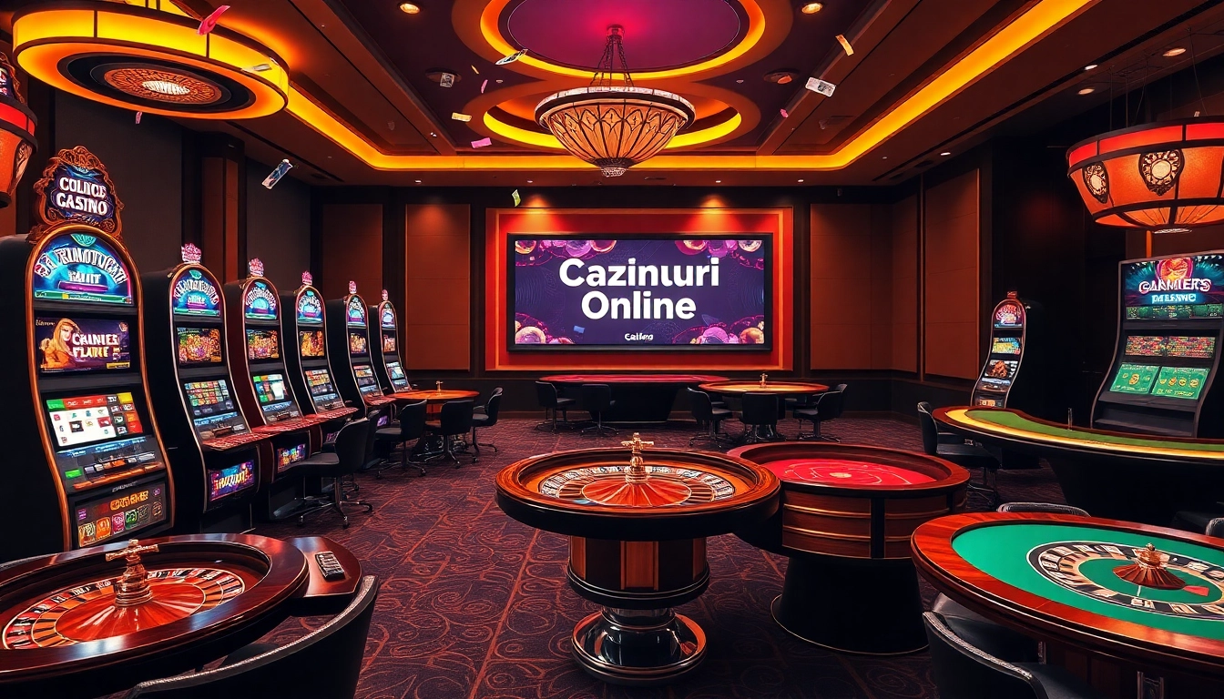 Cazinouri online Germania fără depunere, prezentând mașini de sloturi vibrante și roți de ruletă într-o atmosferă luxuoasă de cazinou online.