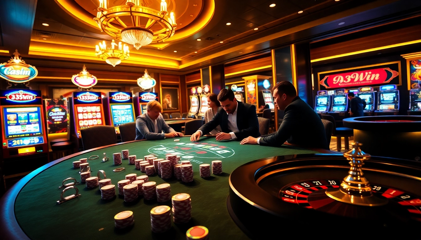 Experience the thrilling action at 33win with players strategizing at a poker table amid vibrant casino elements.